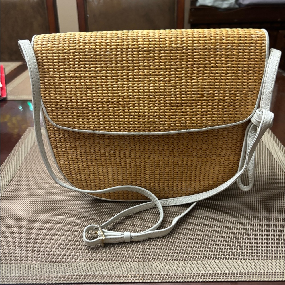 Dokkim Woven Straw Crossbody Bag with White Trim